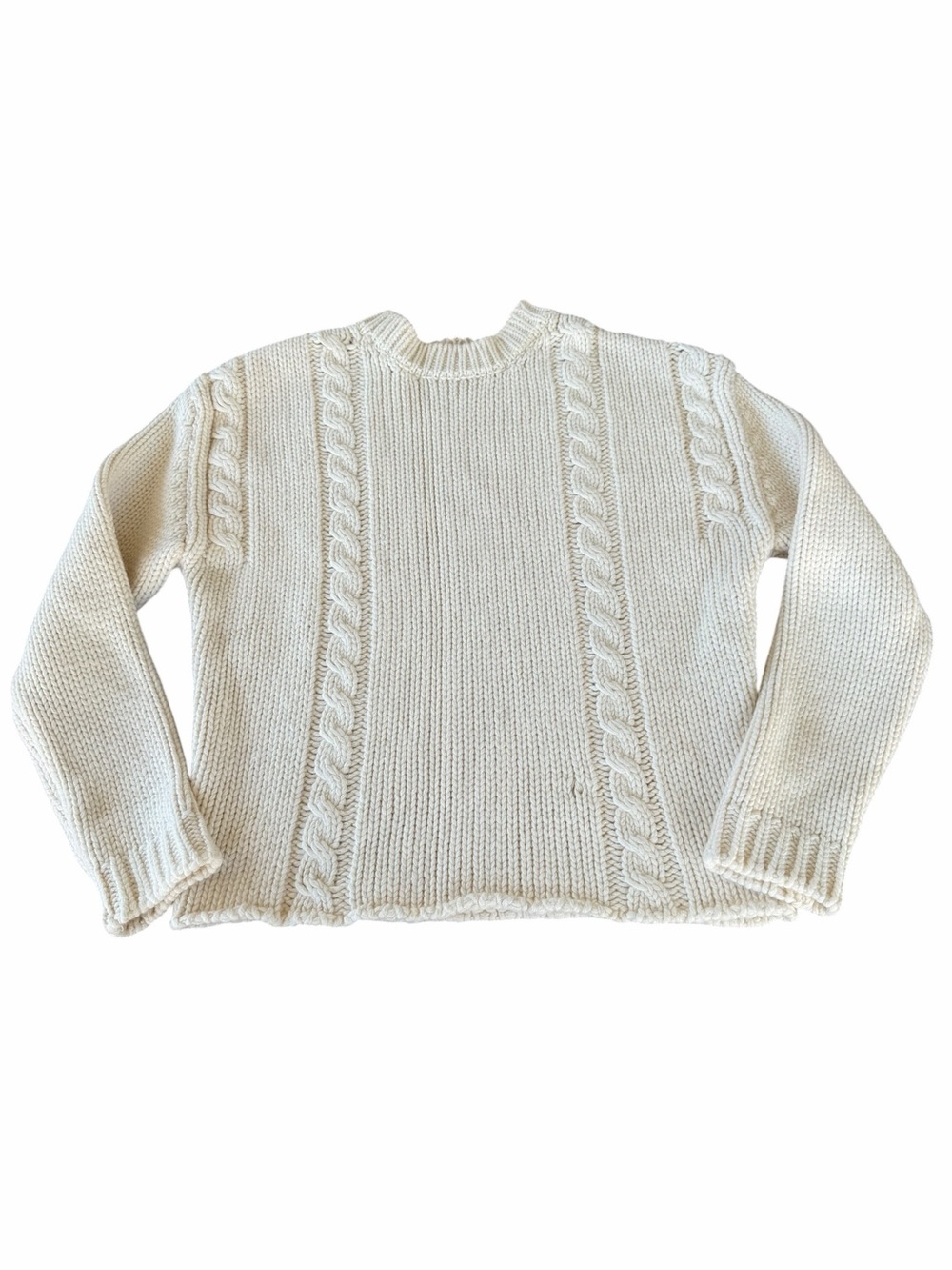 Anine Bing Chunky Cable Knit Crewneck Sweater Cream Wool Blend Large FLAW